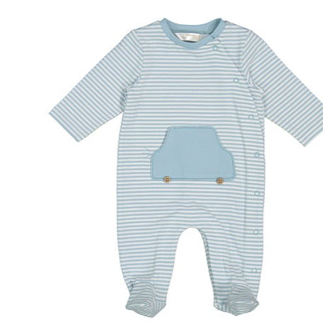 White & Crystal Blue Striped Embroidered Long Sleeve Footie Romper