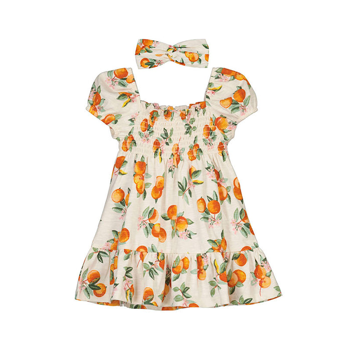 Cutie Clementine Smocked Ruffled Dress w/ Matching Headband