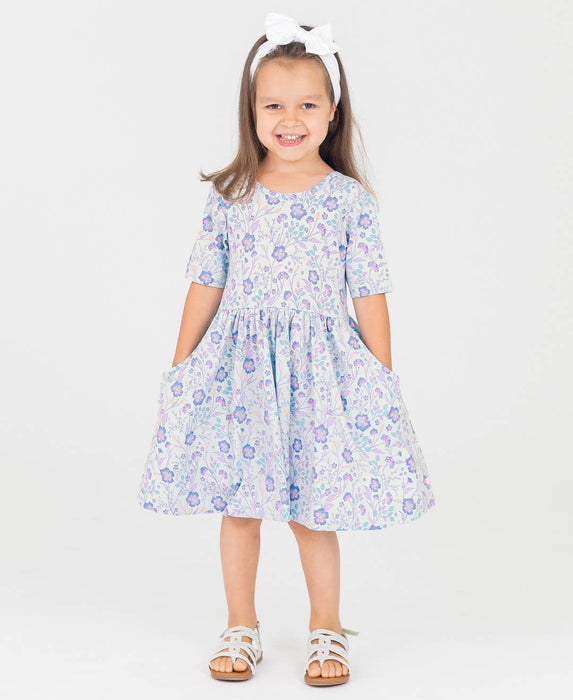 Rufflebutts Fairytale Garden Knit Short Sleeve Twirl Dress: 3-6m / Blue