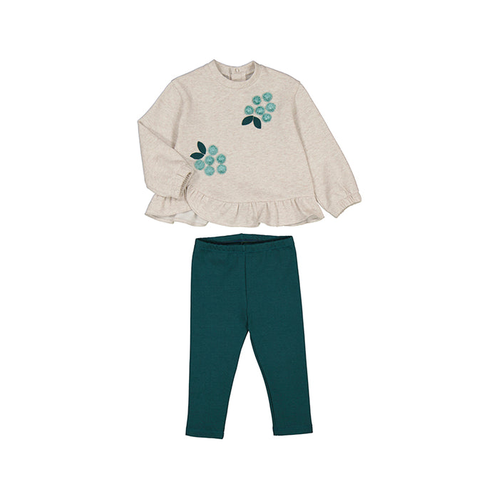 Mayoral Oatmeal & Teal Embroidered 2-Piece Outfit