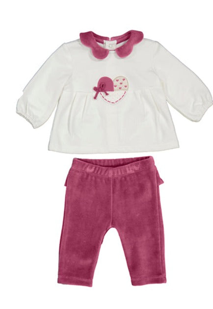 Warm White Long Sleeve Peplum Top with Purple Velour Classic Collar & Matching Eggplant Purple Velour Leggings