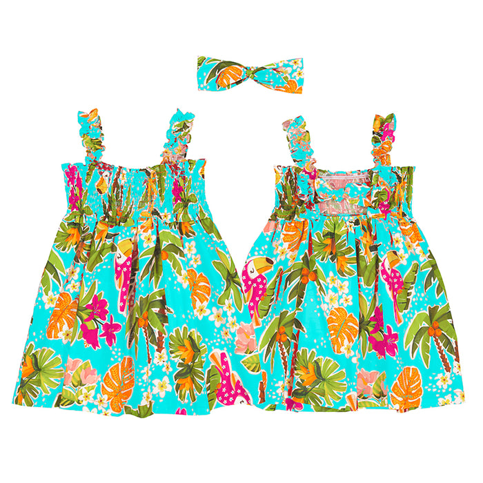 Mayoral Tropical Aqua Smocked Tank Dress w/ Matching Headband