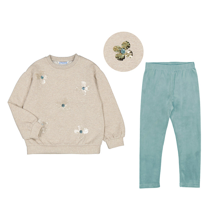 Mayoral Oatmeal Sparkle Sequin Pullover & Mint Velour Leggings Set