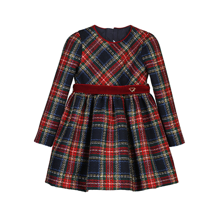 Mayoral Red, Navy & Green Plaid Dress with Silver Sparkles