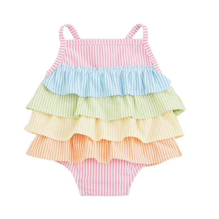 Pastel Rainbow Striped Seersucker Ruffled 1pc Swimsuit