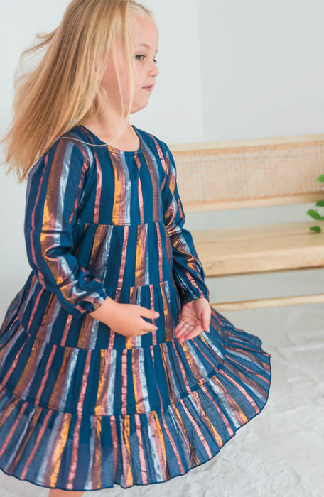 Holiday Shimmer Navy Striped Peasant Sleeve Ruffled Dress