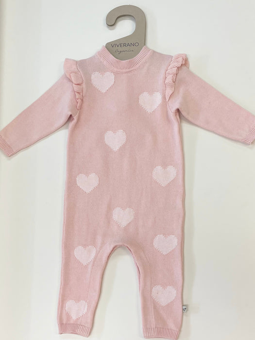 Viverano Organic Cotton Hearts Jacquard Knit Baby Jumpsuit in Blush Pink