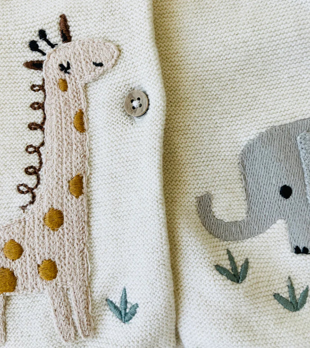 Viverano Organic Cotton Animal Safari Embroidered Baby Cardigan Sweater in Natural