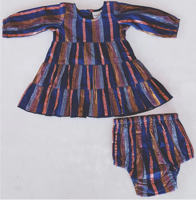 Infants’ Holiday Shimmer Navy Striped Ruffled Dress with Matching Bloomers