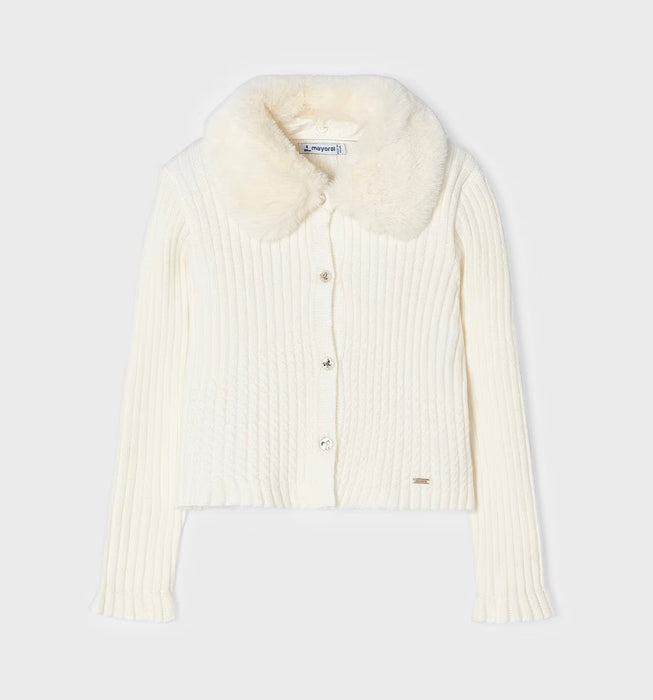 Ivory Faux Fur Collar Button Down Cardigan