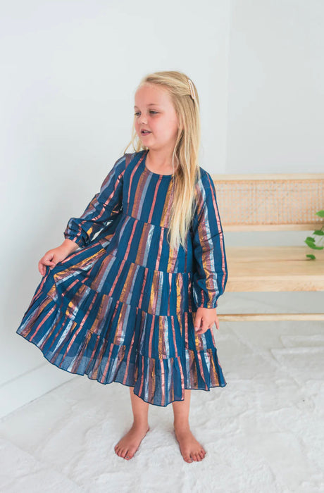 Holiday Shimmer Navy Striped Peasant Sleeve Ruffled Dress