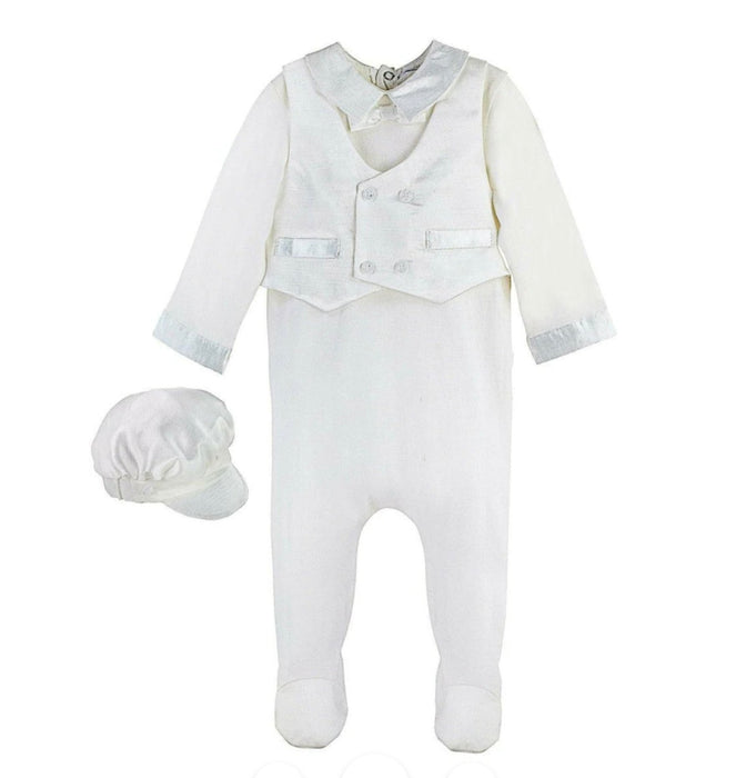 Carriage Boutique Baby Boy Ivory Formal Cotton & Satin Vest Footie + Matching Hat