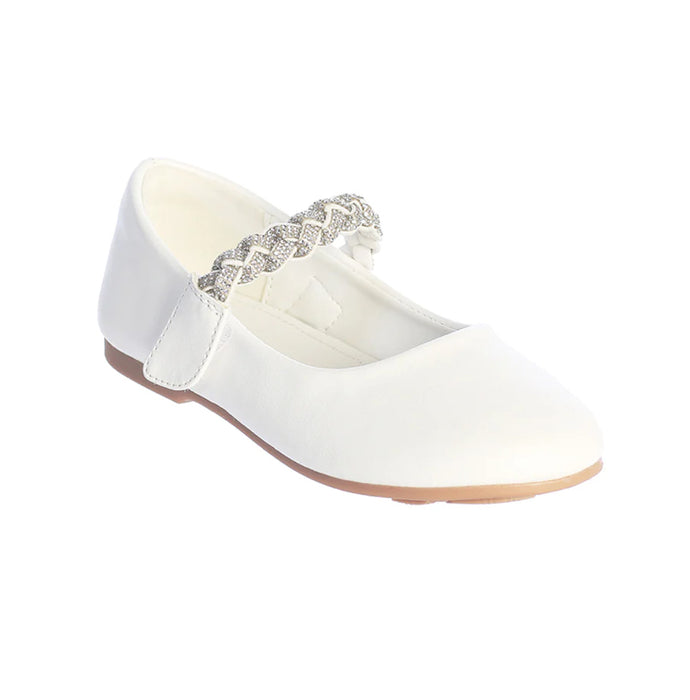 Tip Top Kids Matte White Flats w/ Braided Rhinestone Strap