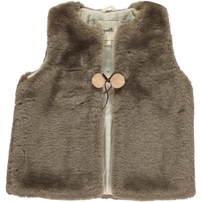 Mae Faux Fur Pompom Vest in Tawny Brown