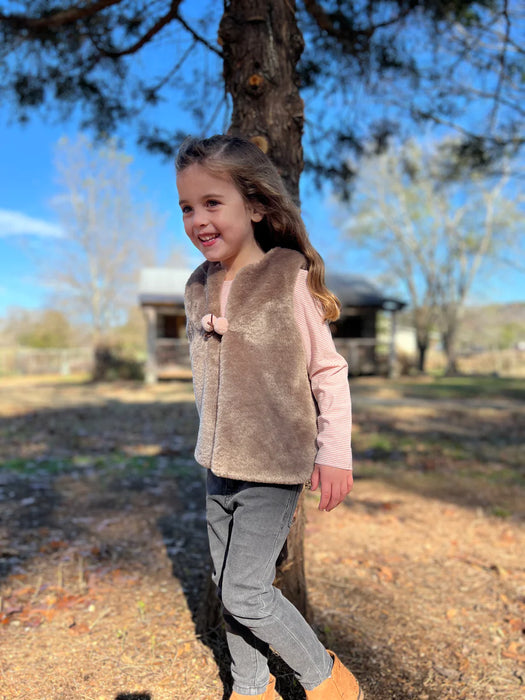 Mae Faux Fur Pompom Vest in Tawny Brown