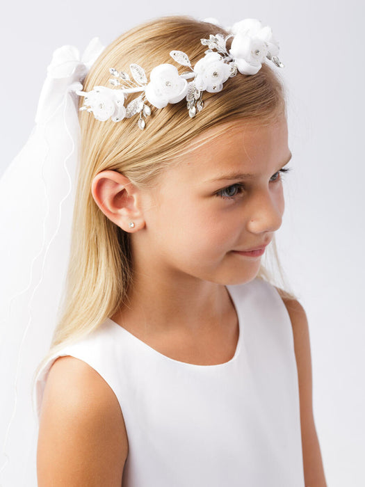 Alexandra First Holy Communion Crystal Rhinestones & Satin Flower Crown w/ Veil