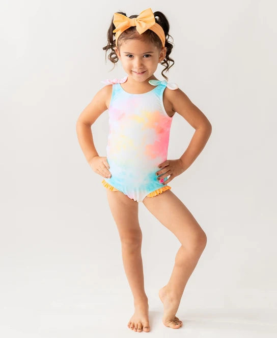 RuffleButts Rainbow Tie-Dye Tie Shoulder One-Piece UPF 50+