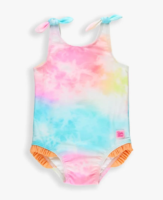 RuffleButts Rainbow Tie-Dye Tie Shoulder One-Piece UPF 50+