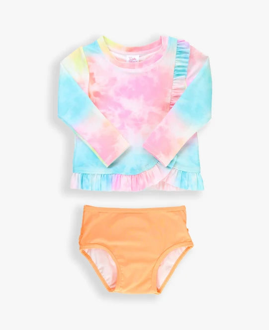 RuffleButts Rainbow Tie-Dye Ruffled Long Sleeve Rashguard 2-Piece UPF 50+