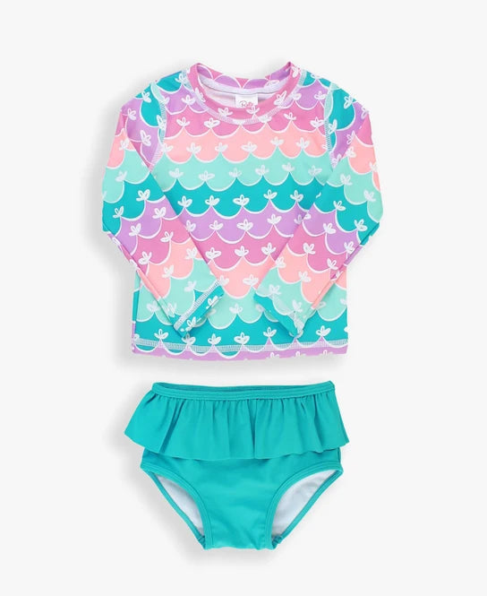 RuffleButts Mermaid Skirted Long Sleeve Rashguard Bikini UPF 50+