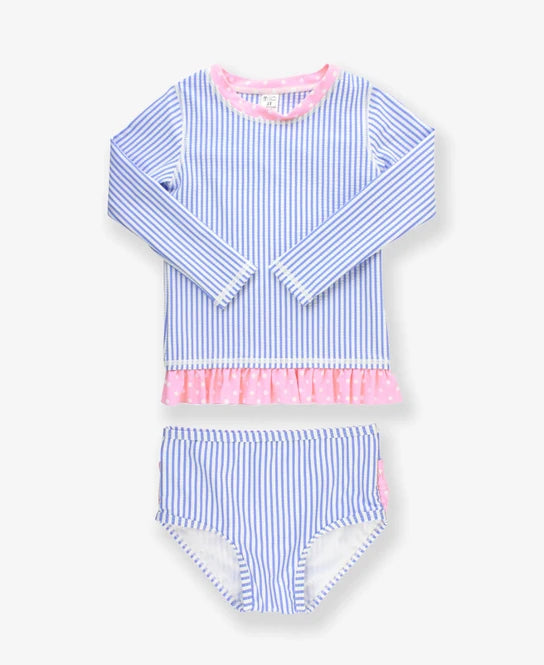 RuffleButts Periwinkle Seersucker Long Sleeve Rashguard Bikini UPF 50+