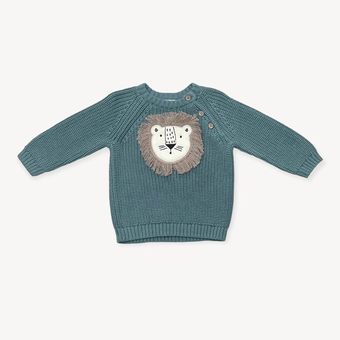 Viverano Organic Cotton Lion Appliqué Baby Pullover Sweater in Teal Blue