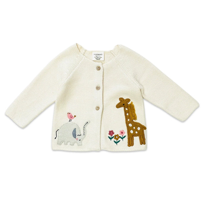 Viverano Organic Cotton Eden Safari Embroidered Baby Cardigan Sweater in Natural