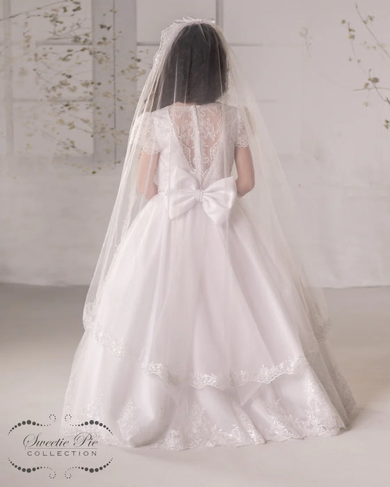 Savannah Lace, Satin, & Tulle Communion dress with Veil