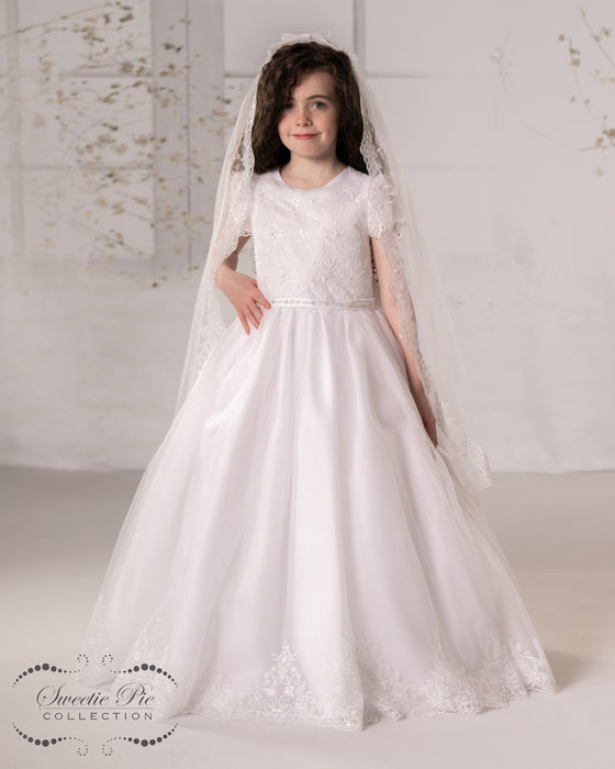 Savannah Lace, Satin, & Tulle Communion dress with Veil