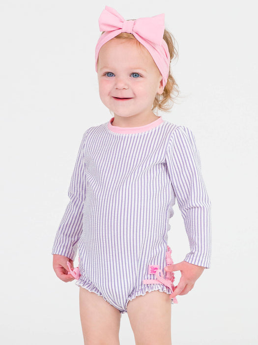 Rufflebutts Lavender Seersucker Long Sleeve One Piece Rash Guard: Purple