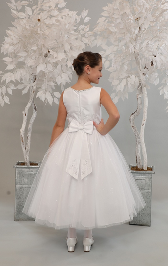 Gorgeous First Holy Communion gown with belted waist and beautiful bow