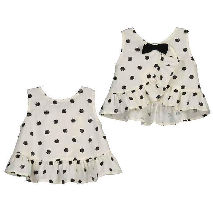 Cream & Black Polka Dot Embroidered Ruffle Tank & Black Shorts Set