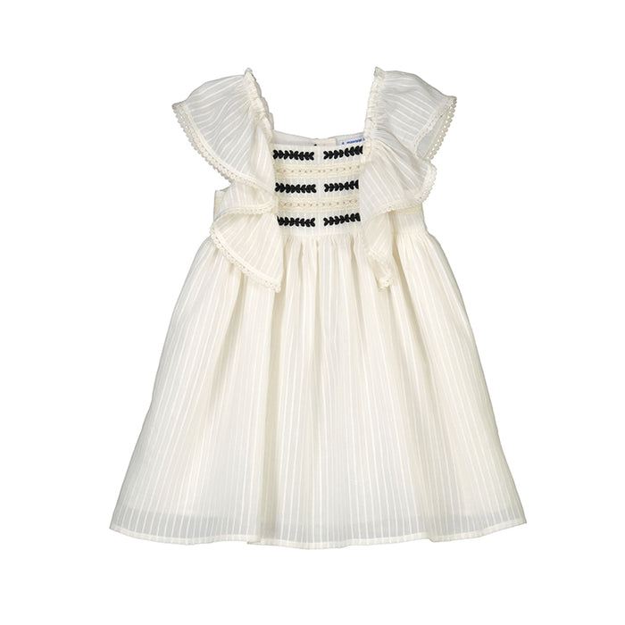 Cream & Black Tassel Trim Ruffle Dress