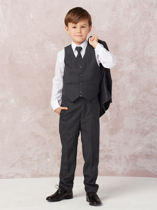 Stylish slim fit 5 piece suit with vest perfect for special occasions such as first holy communion, weddings 