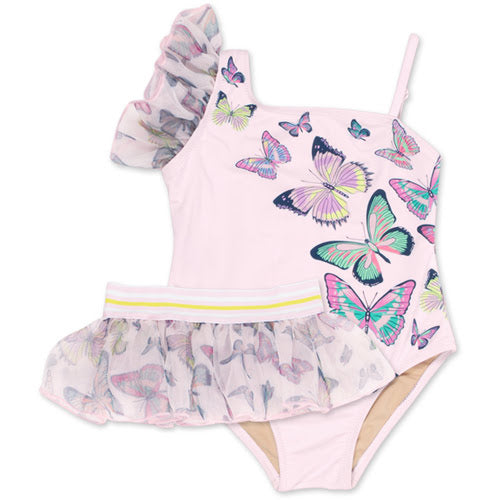 Big Kid UPF 50 One-Shoulder W/ Tutu Swimsuit- Butterflies