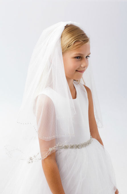 Catarina First Communion Veil with Comb & Silvery Beaded & Rhinestone Trim