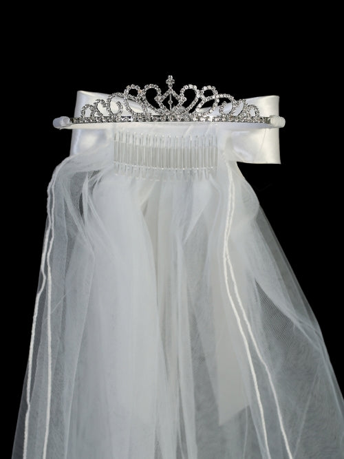 Victoria Rhinestone Tiara Communion Veil w/ Satin Bow