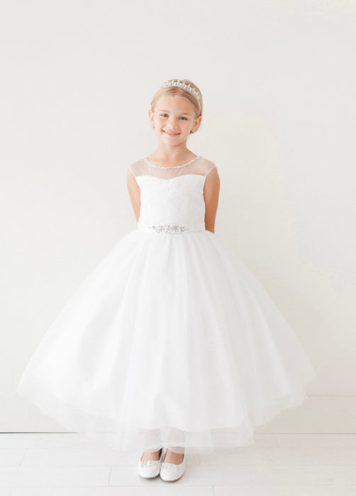 Beautiful First Holy Communion gown with illusion neckline and rhinestoness