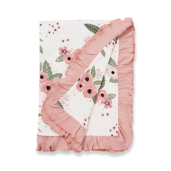 Ruffled Stroller Blanket- Coral Jardin