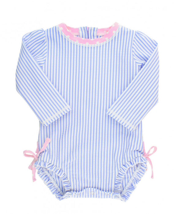 RuffleButts Periwinkle Blue Seersucker One piece Rash Guard UPF 50+