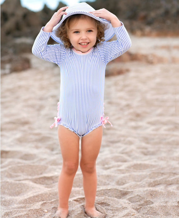 RuffleButts Periwinkle Blue Seersucker One piece Rash Guard UPF 50+