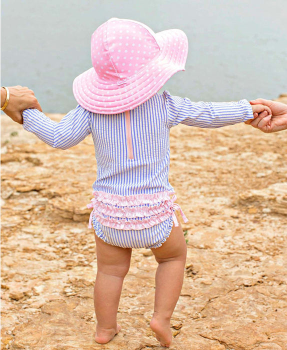 RuffleButts Periwinkle Blue Seersucker One piece Rash Guard UPF 50+